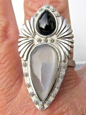 Signed HESPERA Sterling Silver Moonstone & Onyx Large Adjustable Ring